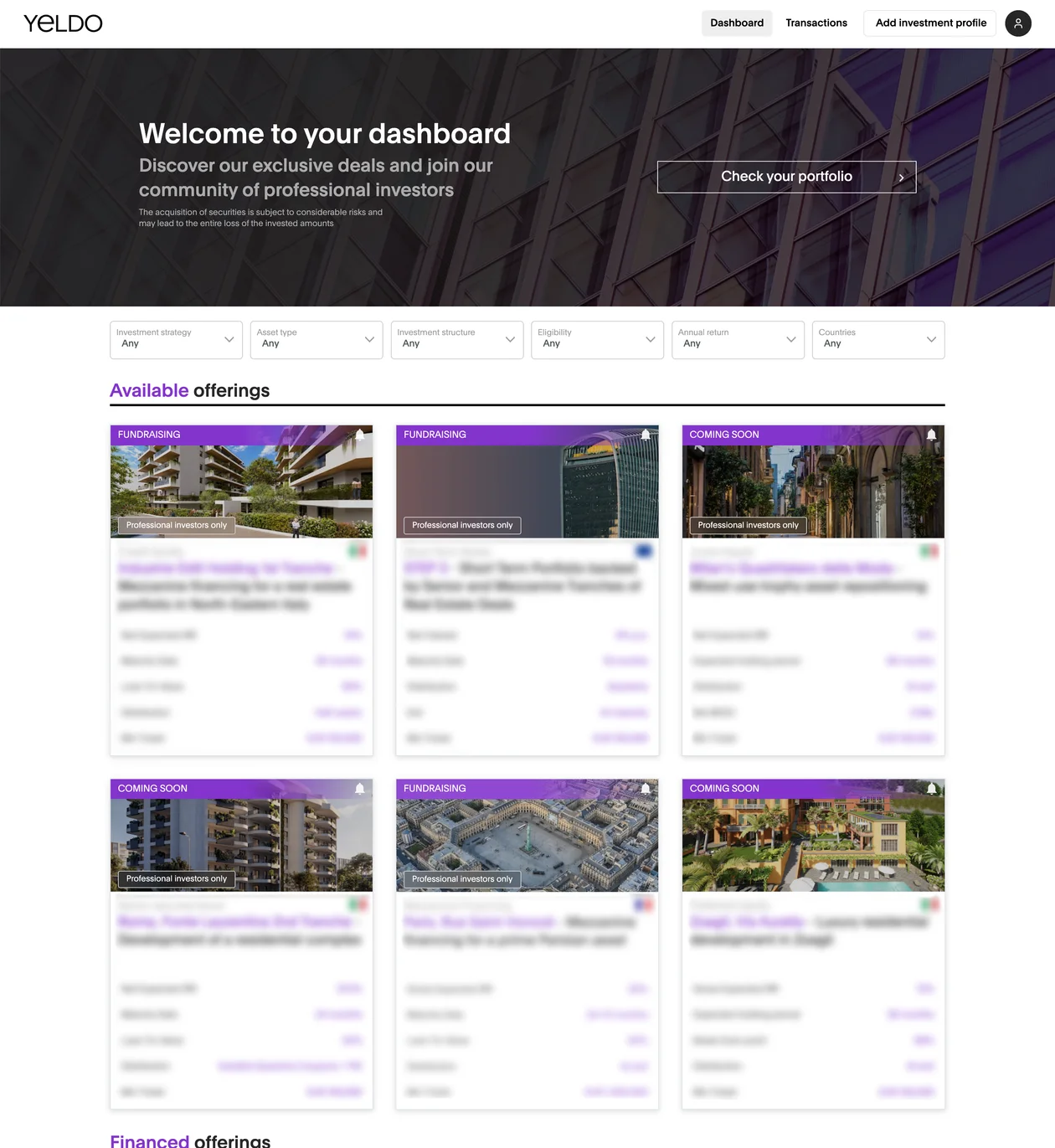 The YELDO platform dashboard, with the available offerings and their key figures